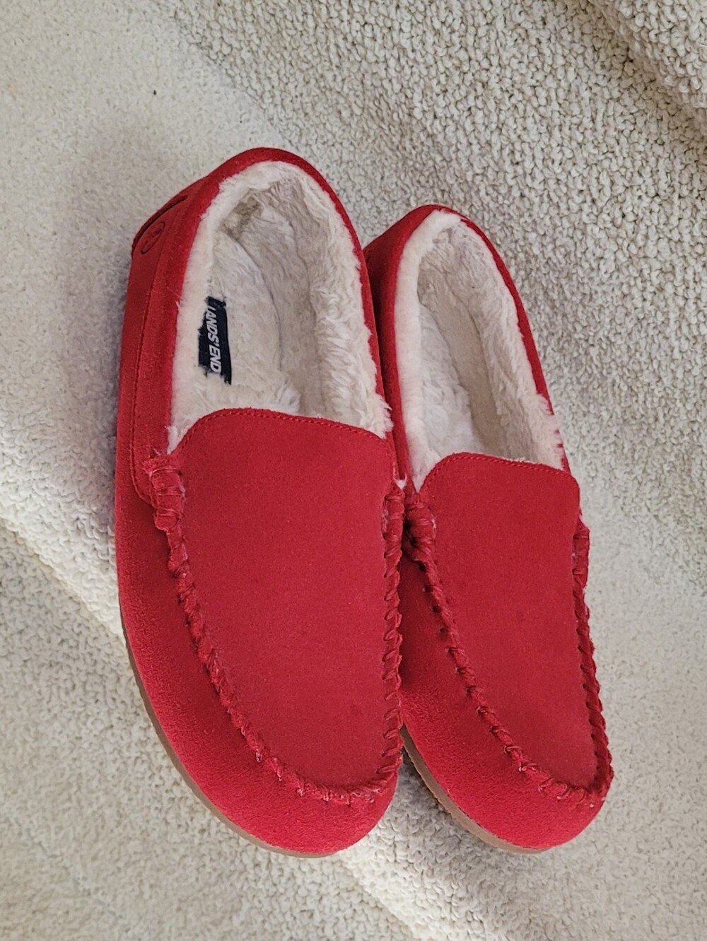 Lands' Ends Bright Red Suede Moccasin Slippers